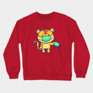 Cute Tiger Wearing And Holding Mask Cartoon Crewneck Sweatshirt